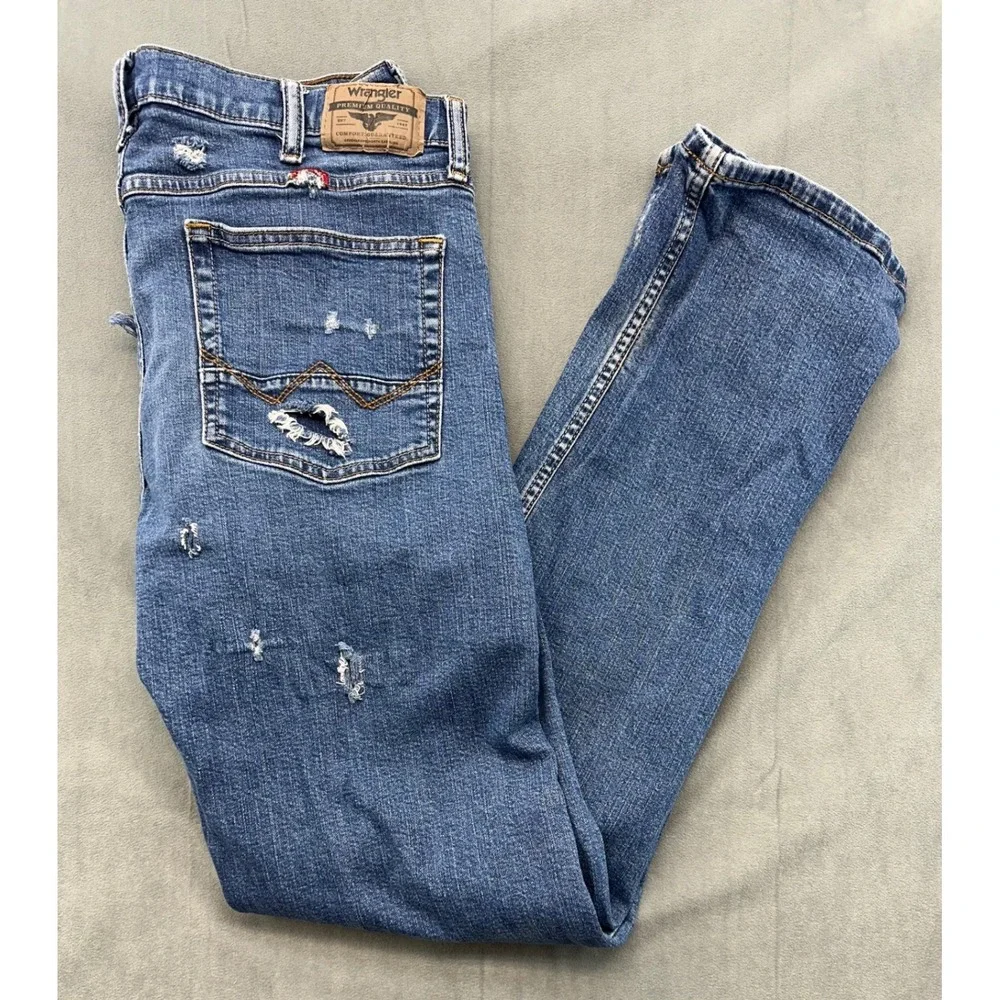 Wrangler‎ Slim Straight Distressed Jeans Mens 36x32 Blue Medium Wash 92SSWDX